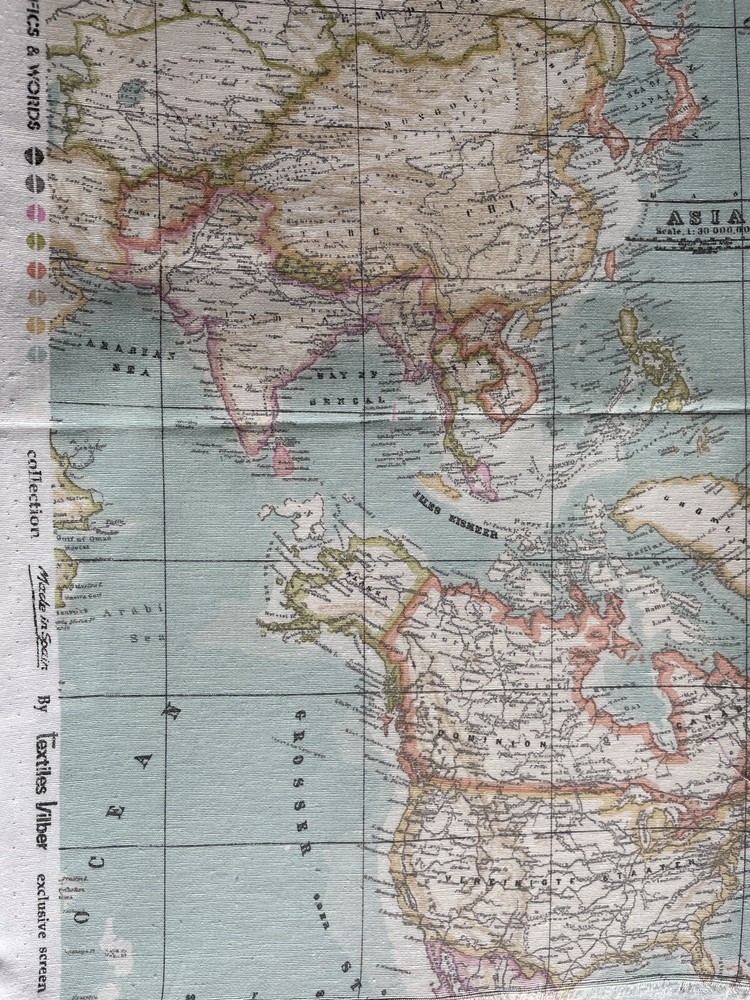 1/2 Metre (20”) Textiles Vilber World Map Wide Width Fabric Made In Spain