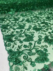 Kelly Green Butterfly Sequin Lace – 3D Embroidered Floral Mesh Couture Beaded