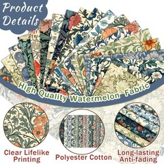 William Morris Flower Quilting Fabric Vintage Leaf Bird Printed 20 Pcs 10”x10”