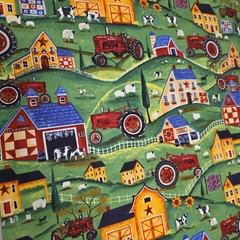 Farmland, Green, Cheryl Bartley Print, Cotton, 4 YARDS, Tractors, Barns, Cows,