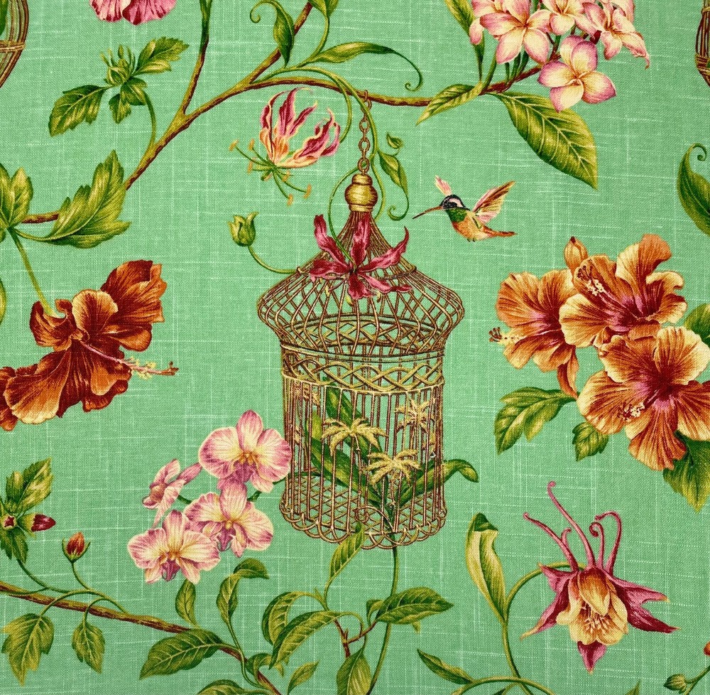COVINGTON KAUAI SEASPRAY GREEN HUMMINGBIRD BIRDCAGE LINEN FABRIC BY YARD 54″W