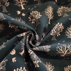 White on Dark Teal Trees & Birds Japanese Cotton Corduroy Super-Fine Wale
