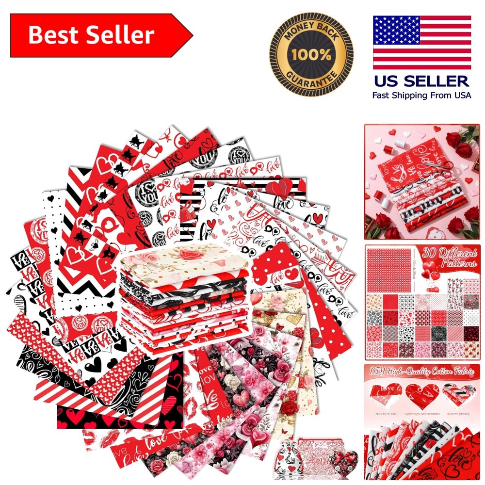 30 Pcs 10×10” Valentine Cotton Fabric Squares – Assorted Patterns for Crafts