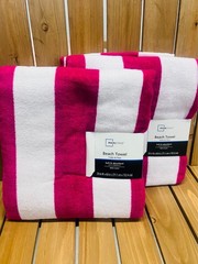 Set of 2 Mainstays Cabana Beach Towels – French Fuchsia Striped Design 28 x 60