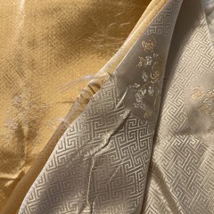 Over 2 yards ~ Asian brocade fabric Peach with Gold and Cream flowers. Wide 28”