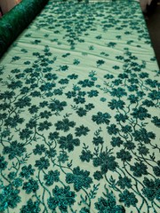 Emerald Green Lace fabric 57” W Fabric Sold By The Yard Glitter Floral For Dress