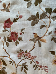 BEAUTIFUL 100 % COTTON FABRIC EMBROIDERED WITH FLOWERS AND BIRDS IN MULTICOLOR
