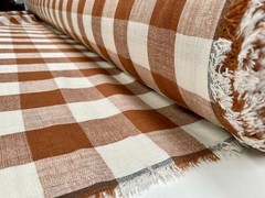 Gingham Checked Linen Fabric Plaid Buffalo Material 150cm wide LIGHT BROWN Terra