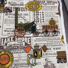 House N Home Vtg Train Locomotive Railroad Newsprint Fabric 2.5 Yards Americana