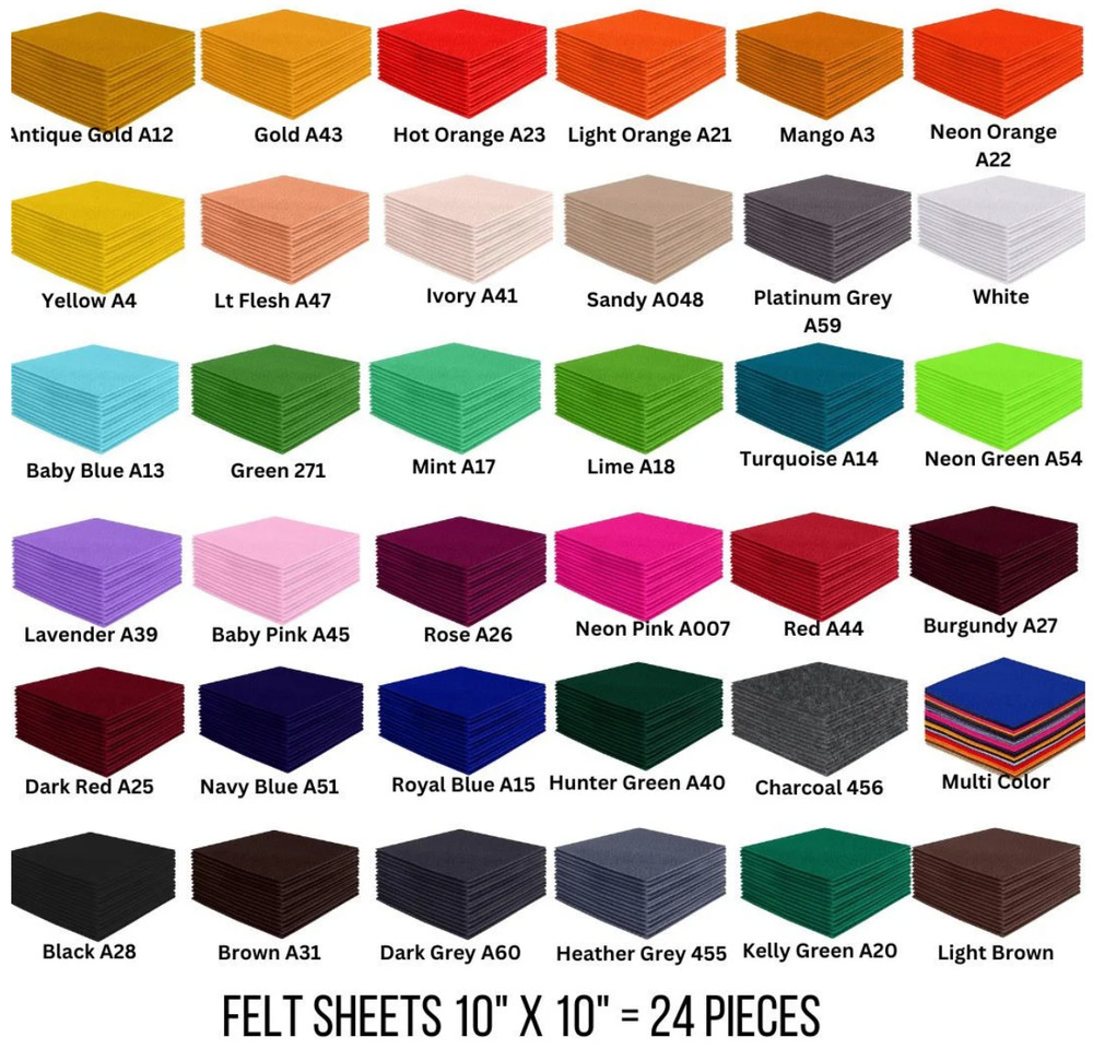 FabricLA | Acrylic Felt Fabric Pre Cut 10X10 Inch Square Sheets | 24 Pieces