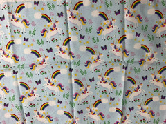 Unicorns Rainbow Butterflies & Flowers on Blue Fabric 13.5″ x 44″ Cotton