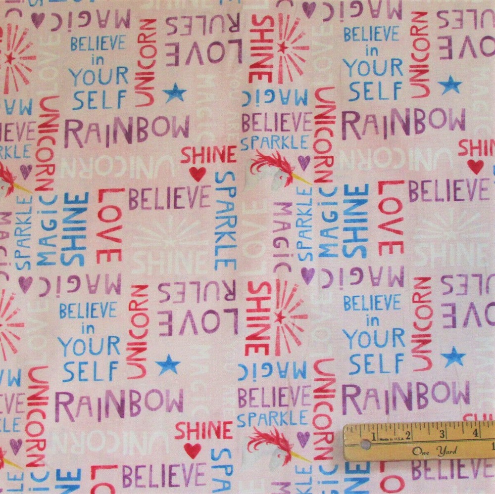Sparkle Magic Shine Unicorn WORDS Pink Fantasy Fabric by the 1/2 Yard #83105