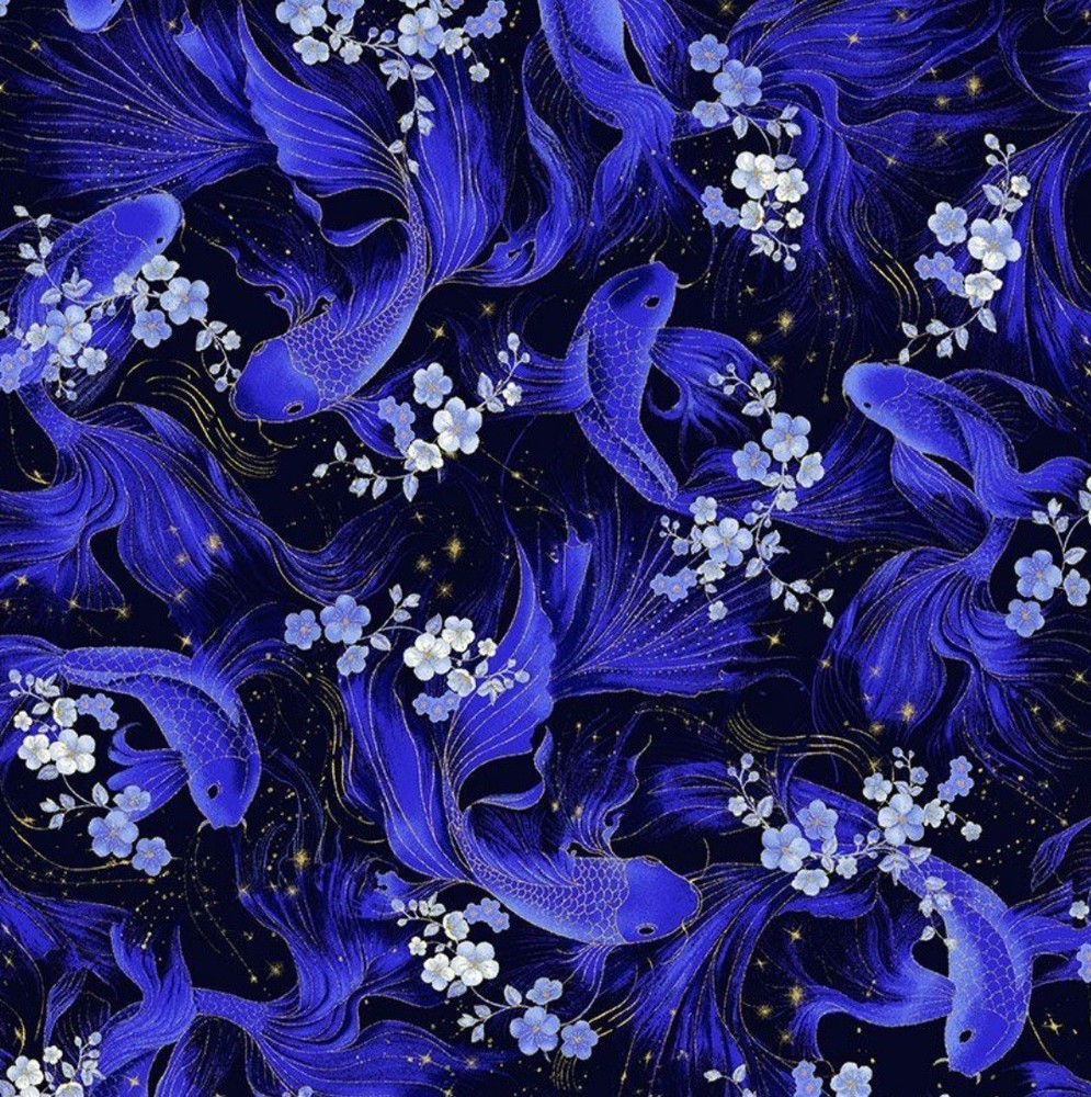 Timeless Treasures Moonlight Metallic Blue Koi Fish Cotton Fabric by the Yard