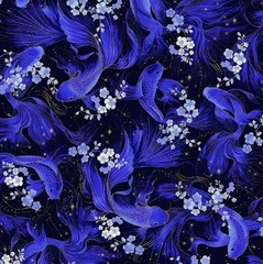 Timeless Treasures Moonlight Metallic Blue Koi Fish Cotton Fabric by the Yard