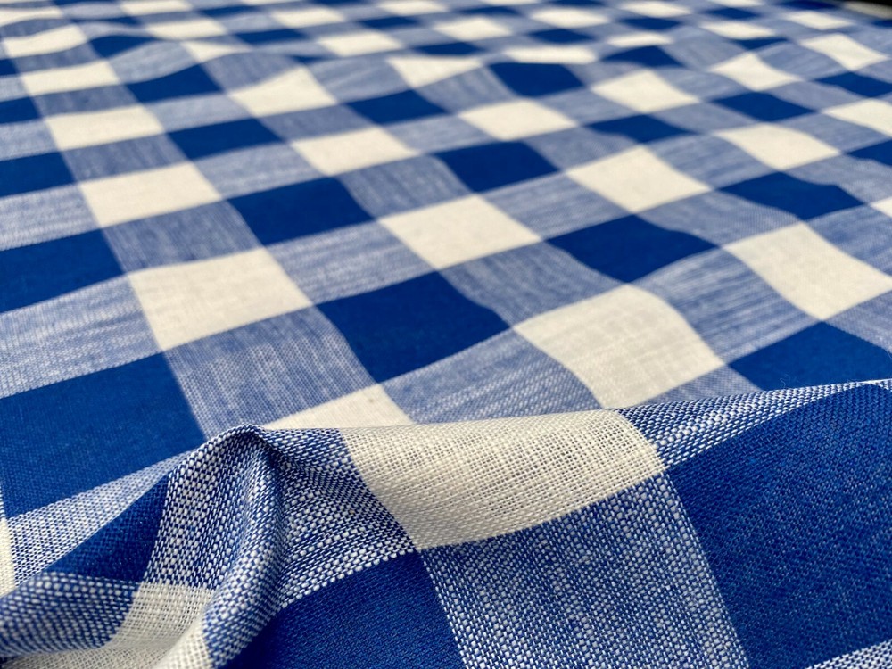 Gingham Checked Linen Fabric Plaid Buffalo Material 150cm wide Royal Blue White