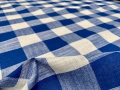 Gingham Checked Linen Fabric Plaid Buffalo Material 150cm wide Royal Blue White