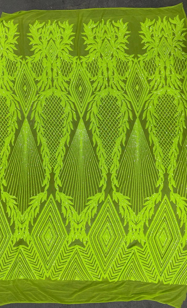 Francesca NEON YELLOW GREEN Vines and Diamonds Pattern Sequins on Mesh Lace Fab