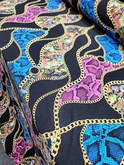 Blue and Yellow Snake Animal Print on Black Spandex Knit Fabric by the Yard
