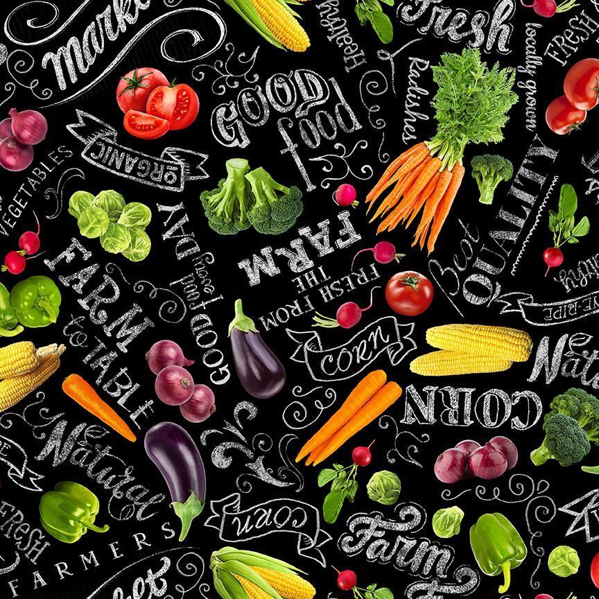 Garden Kitchen Fabric BTY, Vegetable Chalkboard, Food-CD1981-Black
