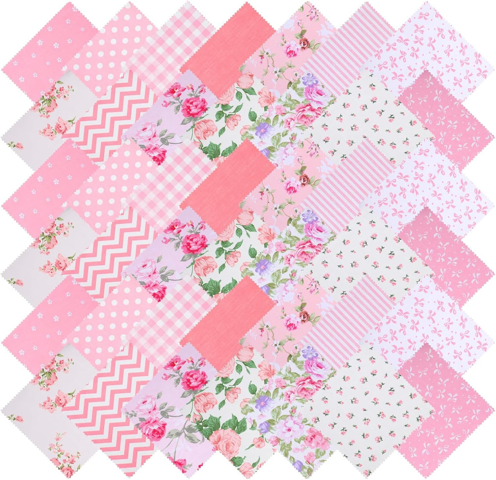 42Pcs Pink Charm Packs for Quilting, 100% Cotton Fabric Squares 5 x 5Inch Pre-Cu