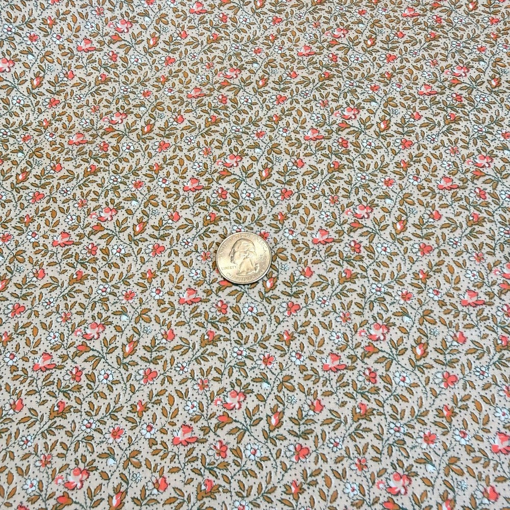 Vtg Floral Fabric Cotton Blend Salmon Caramel White on Peach 1 yd x 45″