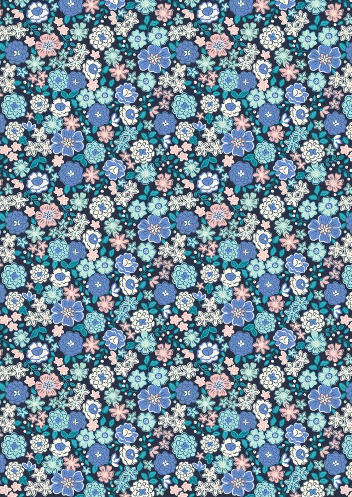 LEWIS & IRENE – Boho Blooms – Blues & Pinks – Navy ,1/4 yard