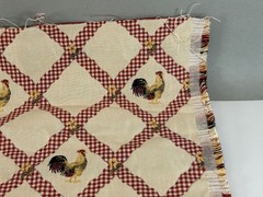 Embroidered Roosters Red & White Gingham Lattice on Ivory Upholstery Fabric 1 yd