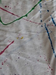 Vintage Knit Stretch Fabric-White With Paint Splatters-Pink Blue 1.5yd x 54″A