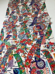 Vintage Japanese kimono silk fabric / white base, floral Tanzaku AB30