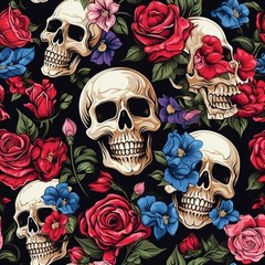 Skulls and roses Printed Cotton Fabric By The Yard