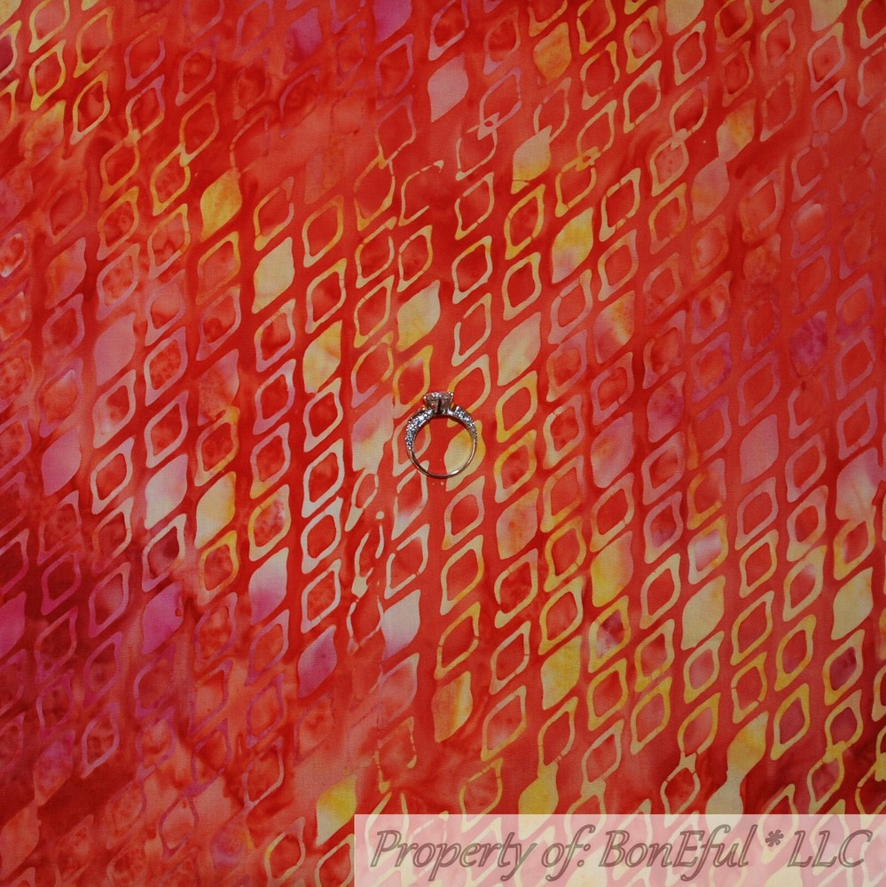 BonEful Fabric FQ Cotton Quilt Red Pink Orange Yellow Tone BATIK Pattern Print S