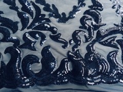 Miranda NAVY BLUE Vines and Leaves Sequins on NAVY Mesh Lace Fabric by the Yard