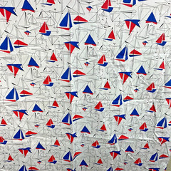 Vintage Sailboat Fabric MCM Mid Century Material 36 x 44 Red White Blue Line Art