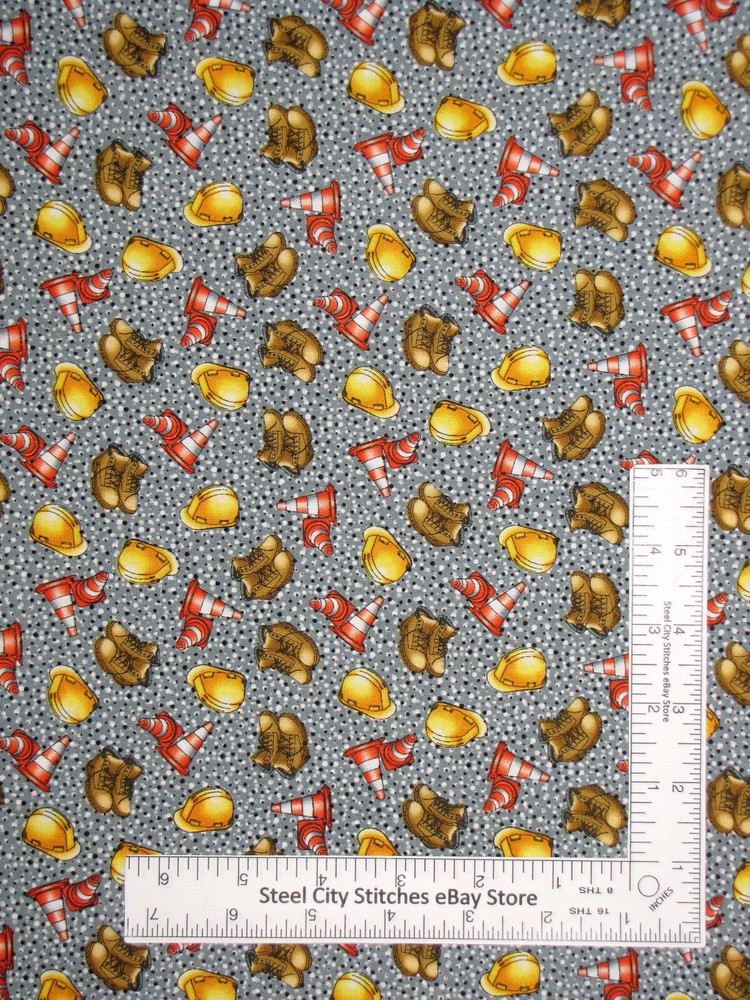 Construction Hard Hat Work Boot Traffic Cone Fabric By the Yard Cotton Avlyn