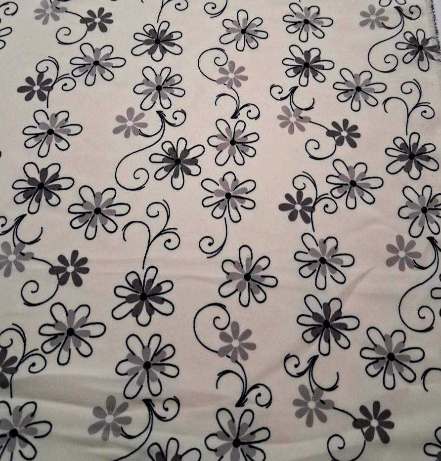 3 1/3 yd x 58″ w Polyester Crepe Fabric Cream w/Black/Gray Floral Design