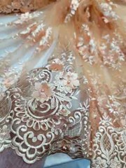 Peach 3D Floral Lace Fabric with Pearls & Scalloped Mesh by the Yard
