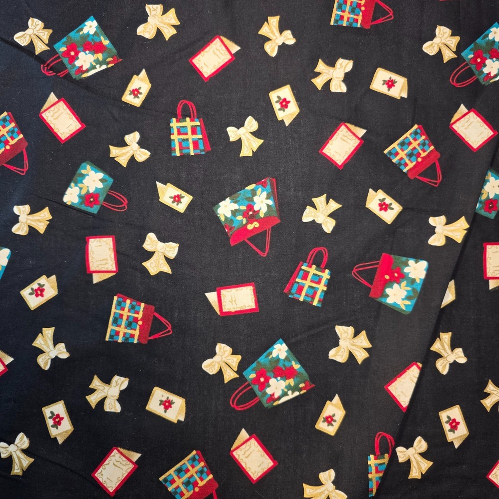 Christmas “Purses & Bows & Cards” on Black Cotton Quilting Fabric