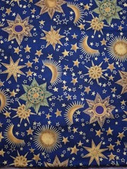 HOLLYTEX Screen Print Gold Metallic Cotton Fabric Celestial Sun Moon Stars 4yds