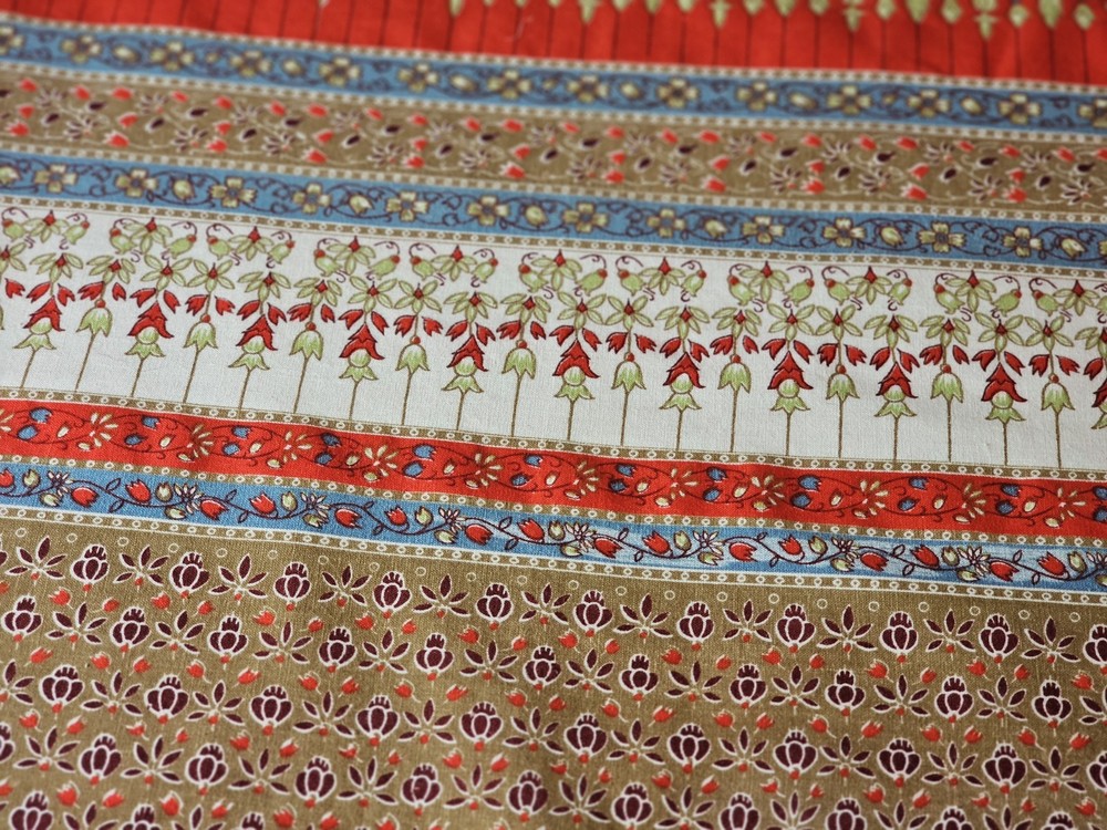 Vintage Border Print Fabric Flowers Beige Red Blue 1 Yds 21″ L x 41″ W Cotton