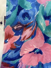 Vintage 90’s Cotton Fabric Big Floral Roses on Grid BLUE 58″X80″ Cottage