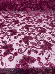 Fuchsia Butterfly Sequin Lace – 3D Embroidered Floral Mesh Couture Beaded Fabric