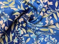 Blue Silky Synthetic Fabric White Wisteria Blossoms Flowers 3.5 Yards Material