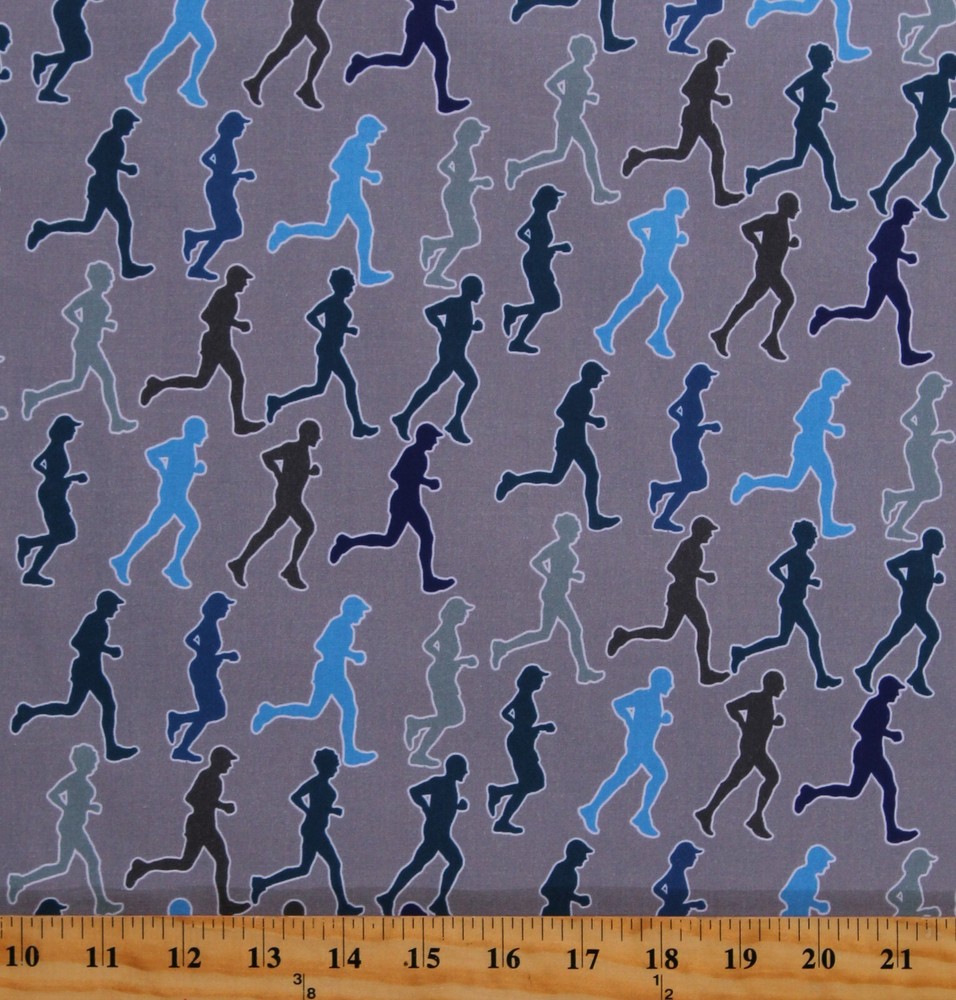 Cotton Runners People Running Cross Country Gray Fabric Print by Yard D662.62