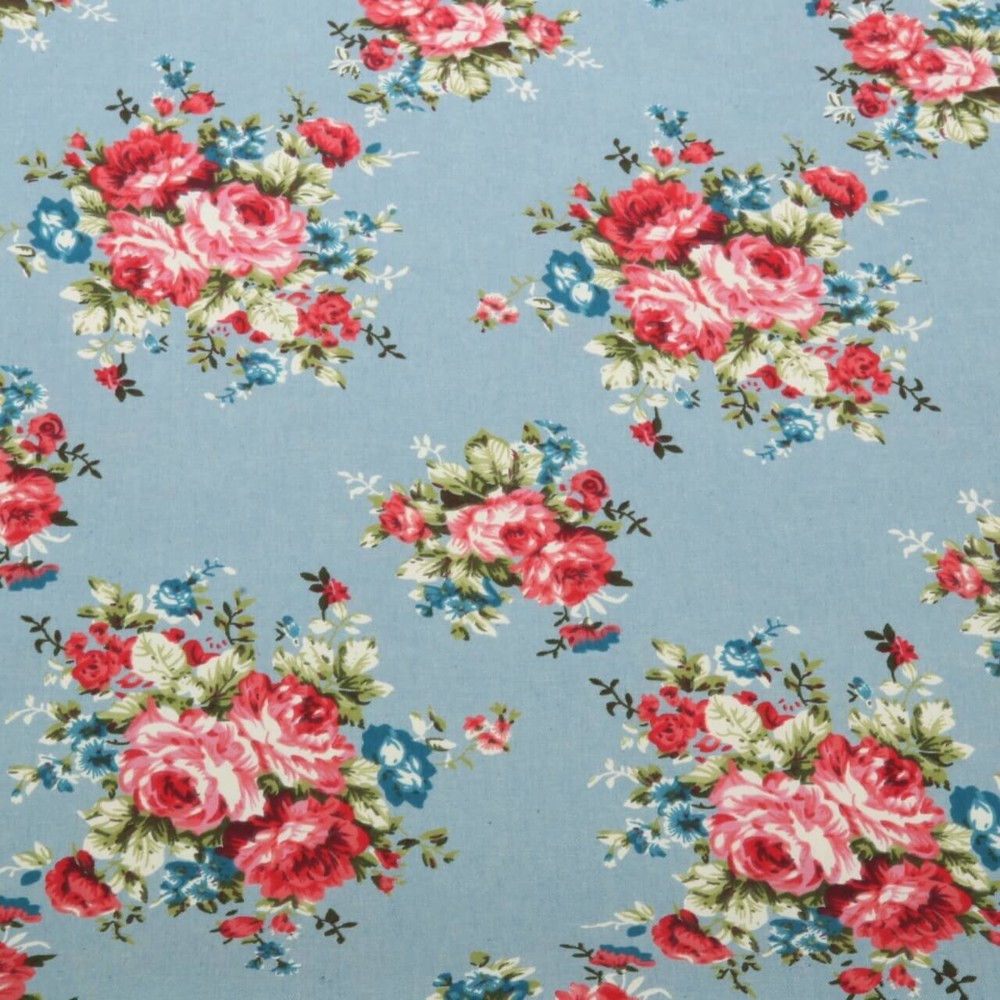 1M X 1.45M Jeans Fabric Rose Print Light Blue