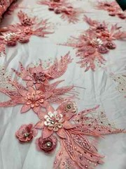 “Coral 3D Floral Embroidered Lace Fabric with Rhinestones and Beads – Sold by th