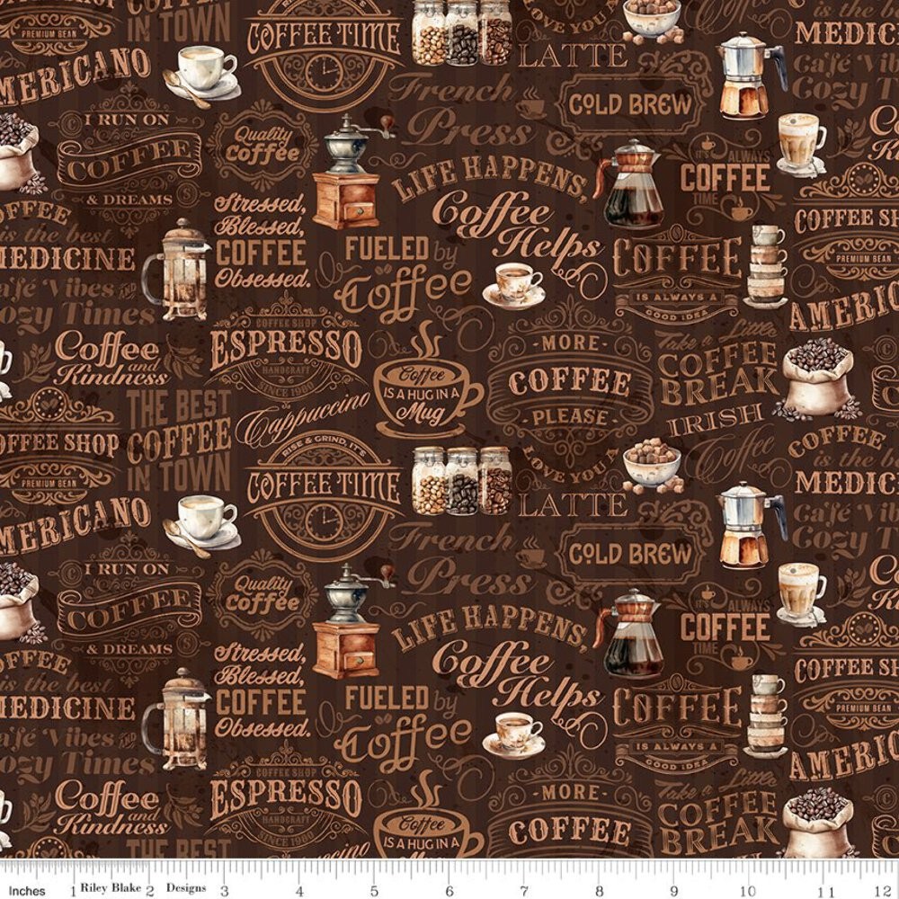 Coffee Time Text Brown Quilting Cotton Fabric by Riley Blake Designs