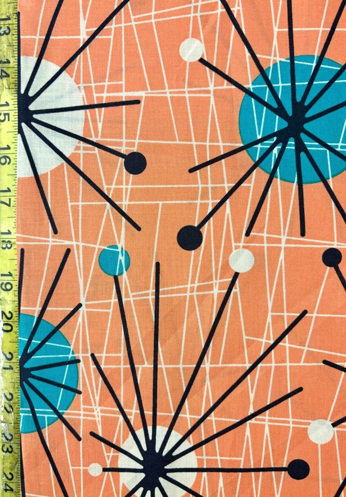 Atomic Peach Michael Miller Fabric mid century modern orange teal sputnik