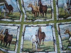 Running Wild horses blocks panel green fabric