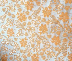 Metallic Brocade Fabric Tangerine Orange Bird Heart Floral 57″ Wide by the Yard