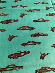 Retro Car Print Cotton Fabric 1/2 yard x 44″ Green & Red Vintage Quilting